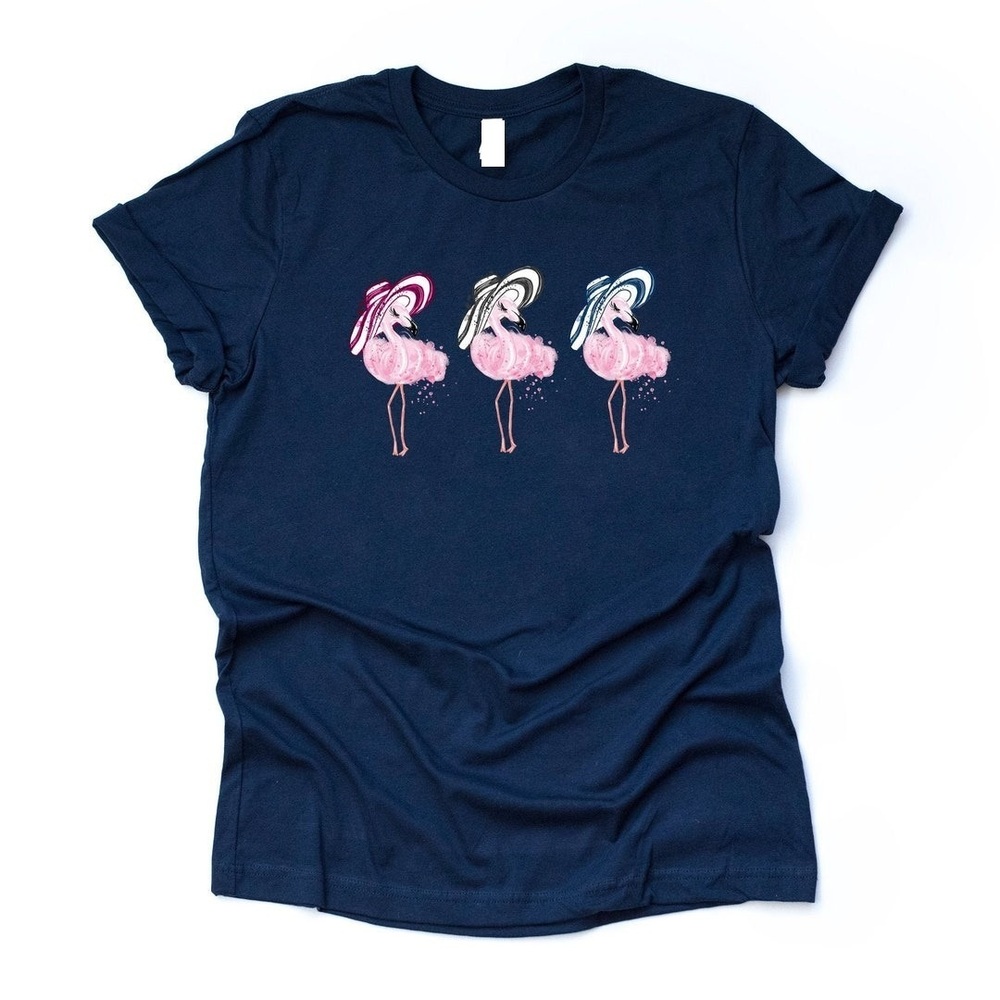 Flamingo T-shirt Three Flamingos With Striped Hats Design Navy